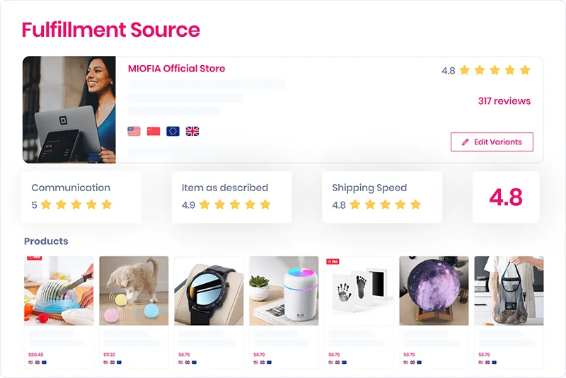 Aperçu public Sell The Trend montrant des fournisseurs notés avec avis, pays et produits