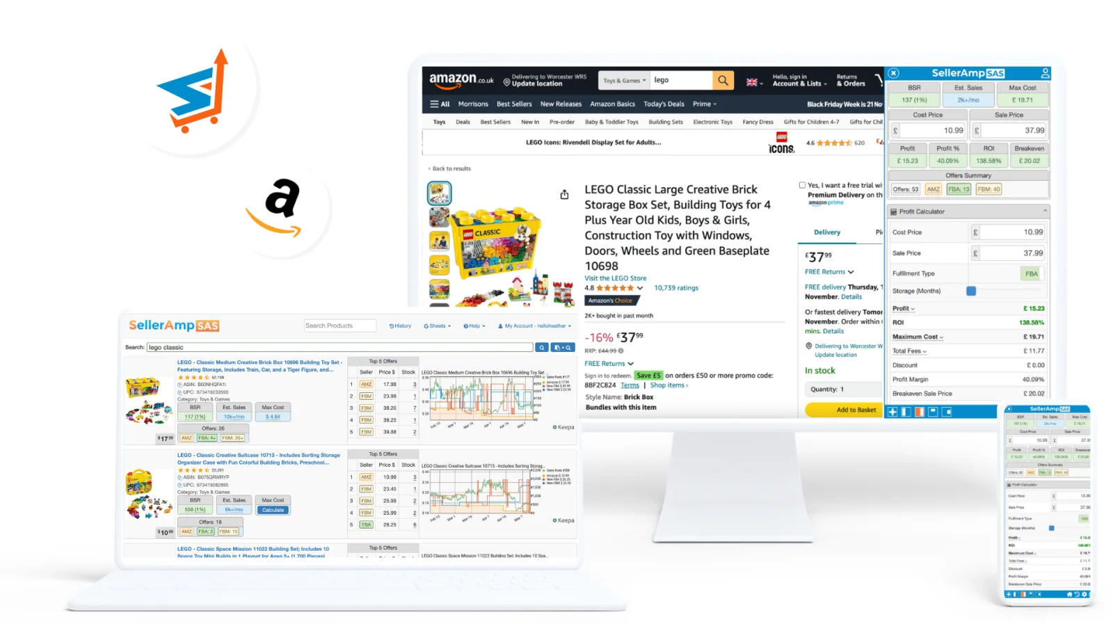 SellerAmp preview showing the web app, Chrome extension, and mobile app