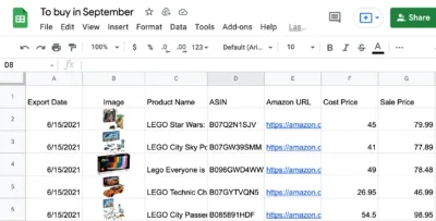 SellerAmp Google Sheets export preview