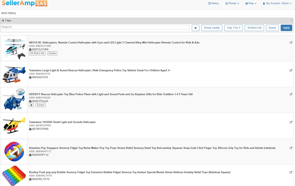 SellerAmp SAS preview showing the history of products already analyzed