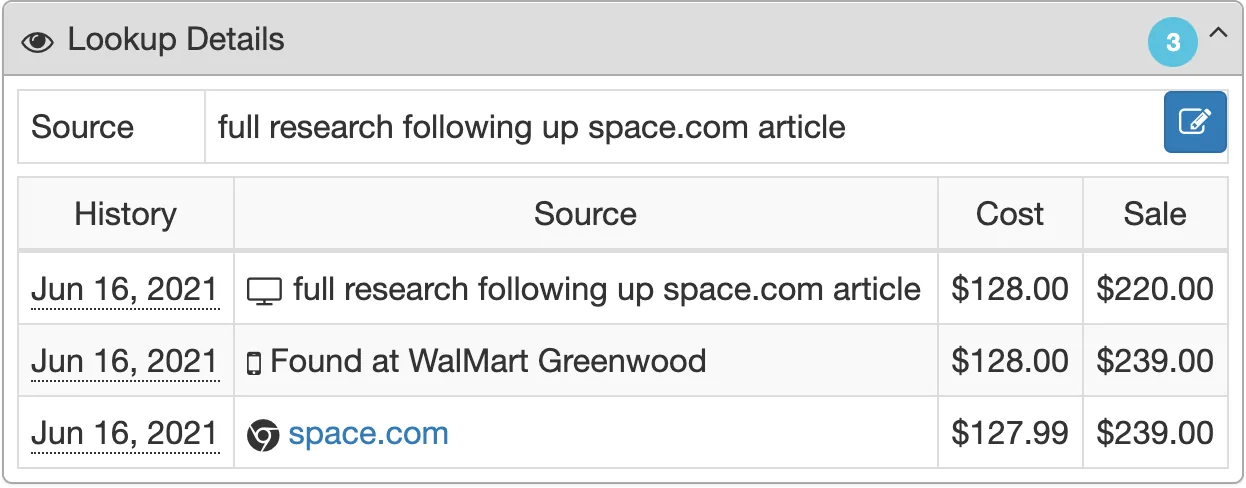 SellerAmp Lookup Details preview with source, history, cost, and sale price