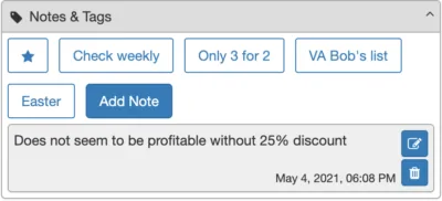 SellerAmp Notes and Tags preview for organizing analyzed products
