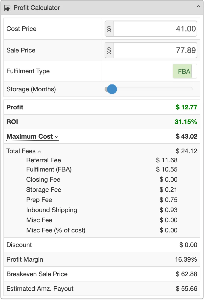SellerAmp SAS preview showing the FBA profit calculator with fees, ROI, and breakeven sale price
