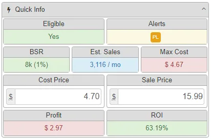 SellerAmp SAS preview showing Quick Info with eligibility, BSR, estimated sales, profit, and ROI