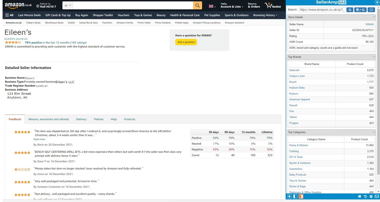 SellerAmp SAS preview showing Storefront Search on an Amazon page