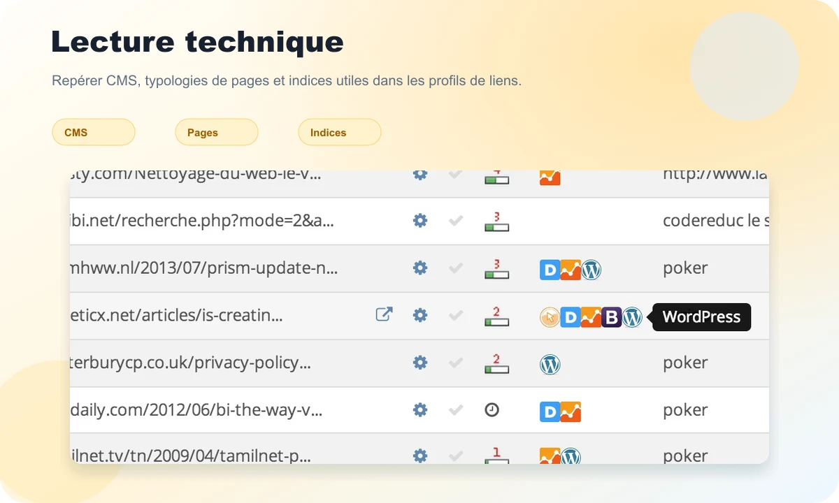 SeObserver preview with technical clues, CMS markers, and page types