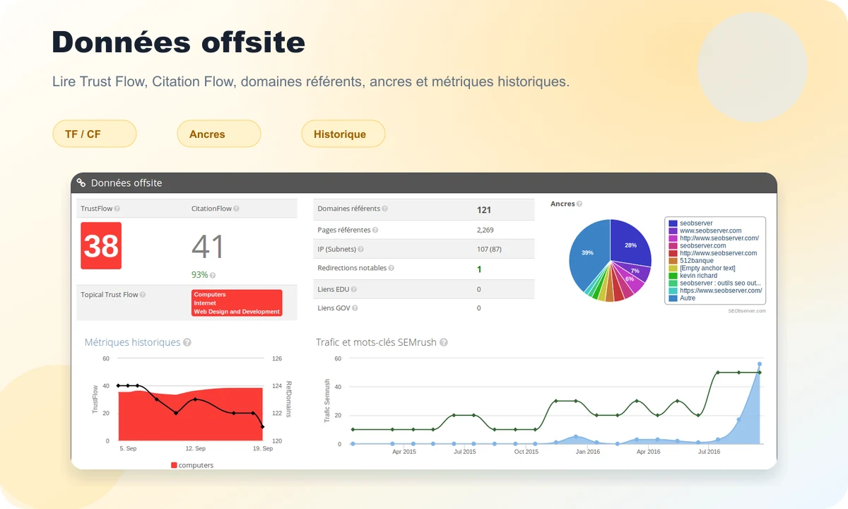 SeObserver preview with offsite data, anchors, domains, and link metrics