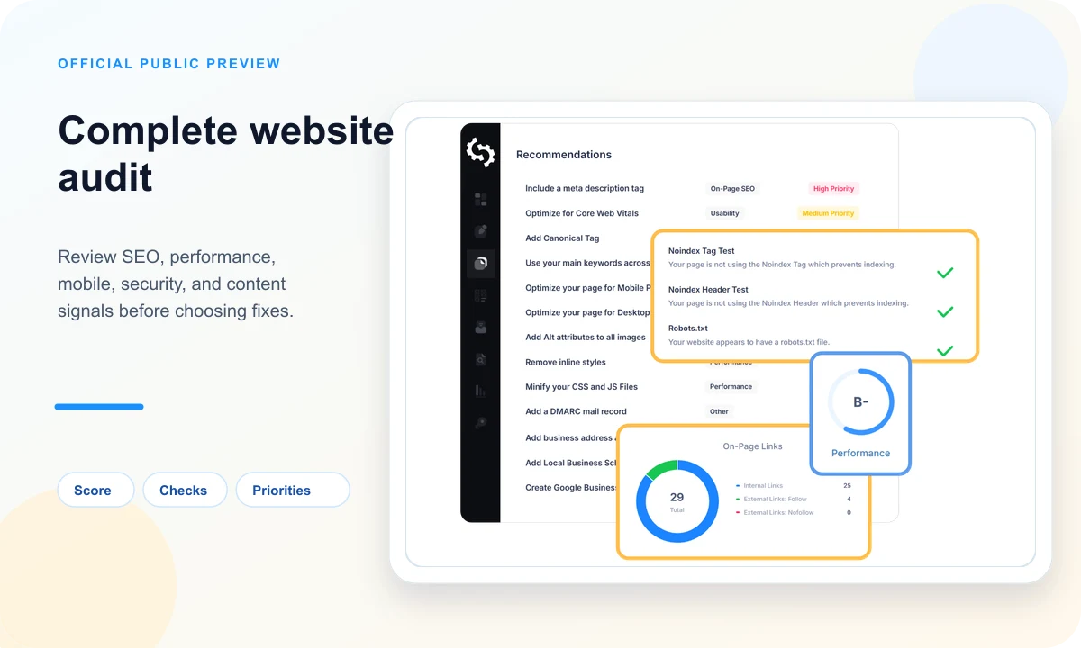 Public SEOptimer preview of a complete website audit with score and recommendations