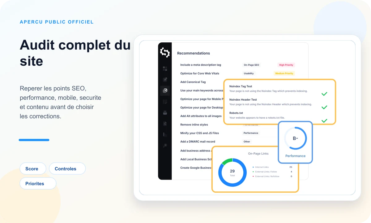 Aperçu public SEOptimer d'un audit complet de site avec score et recommandations