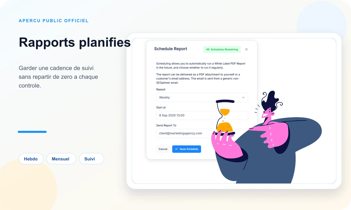 Aperçu public SEOptimer de planification de rapports automatisés