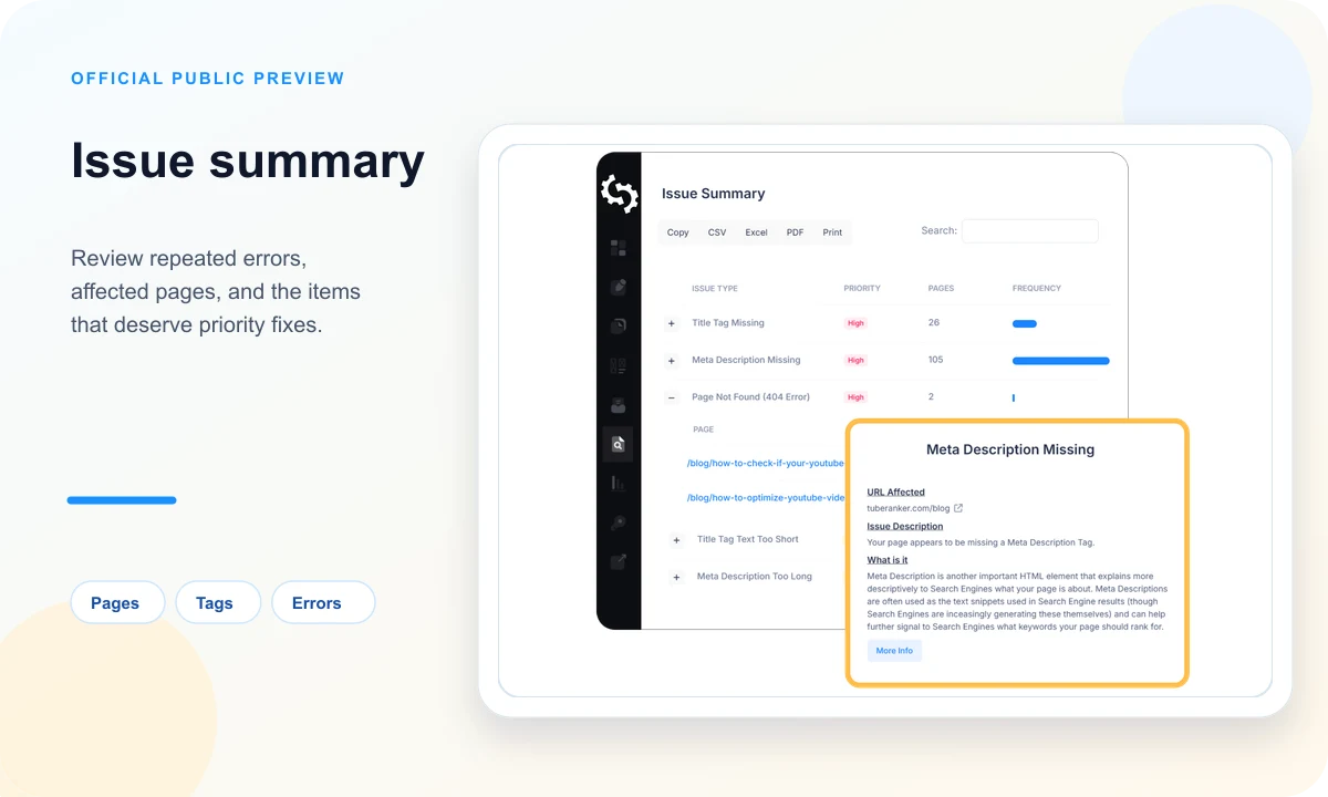 Public SEOptimer preview of an issue summary with affected pages
