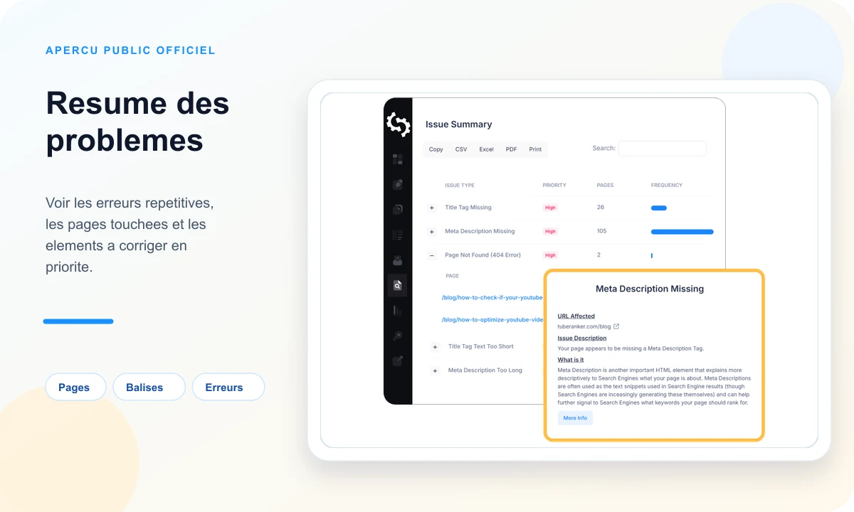 Aperçu public SEOptimer d'un résumé de problèmes de crawl et de pages concernées