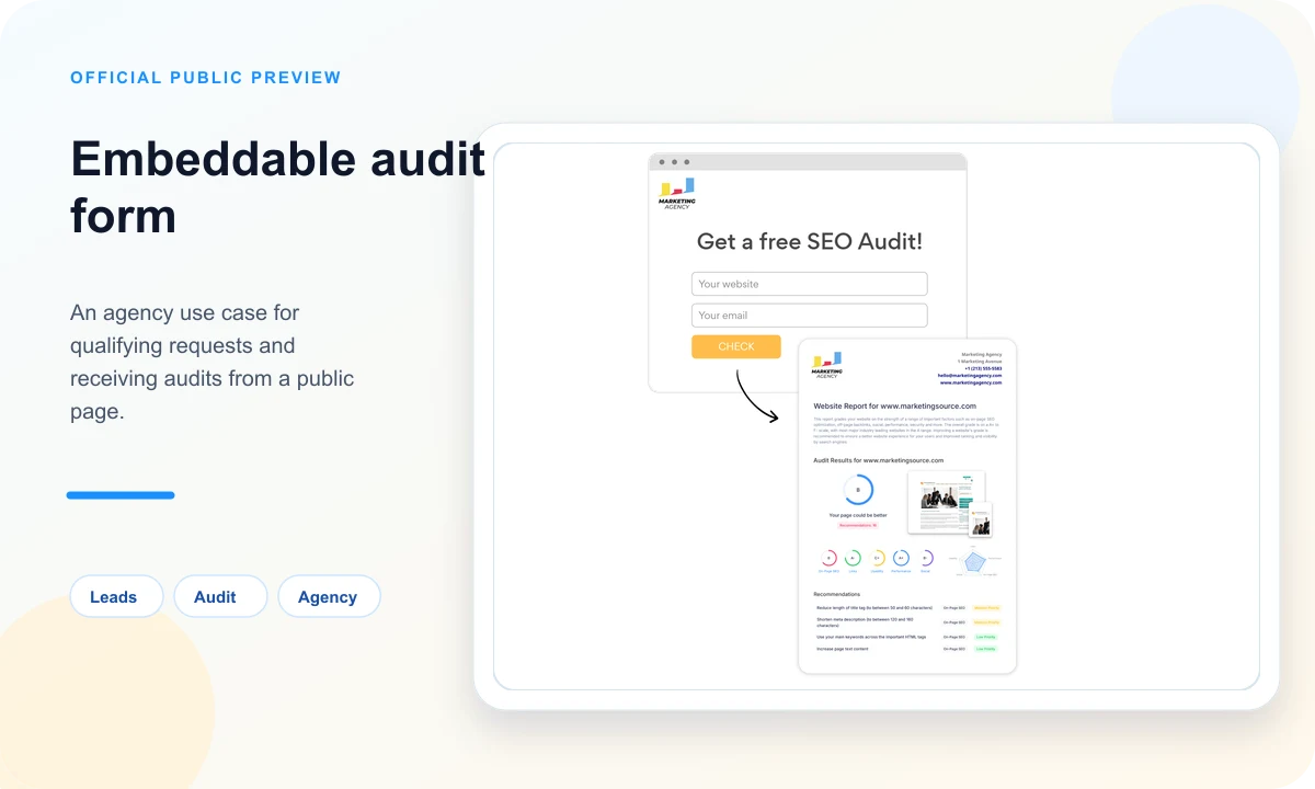 Public SEOptimer preview of an embeddable SEO audit form