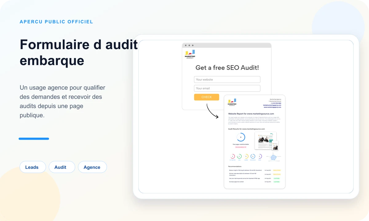 Aperçu public SEOptimer d'un formulaire d'audit SEO embarqué