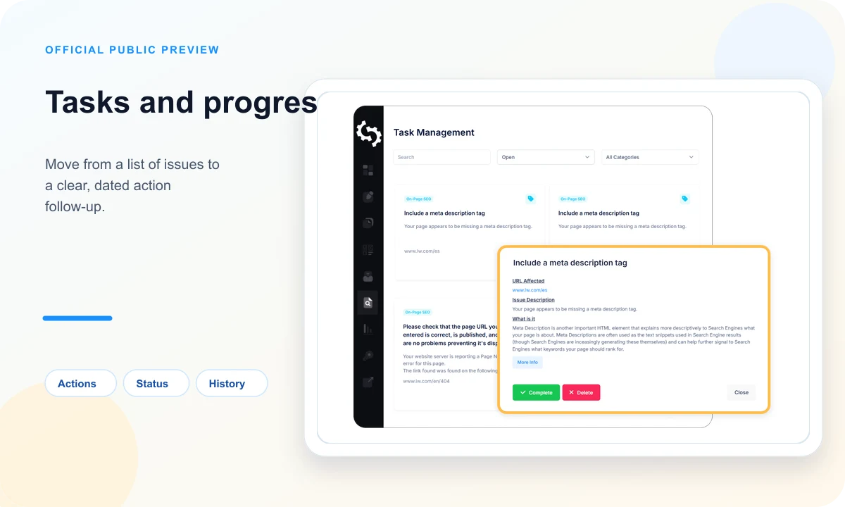 Public SEOptimer preview of task management and progress