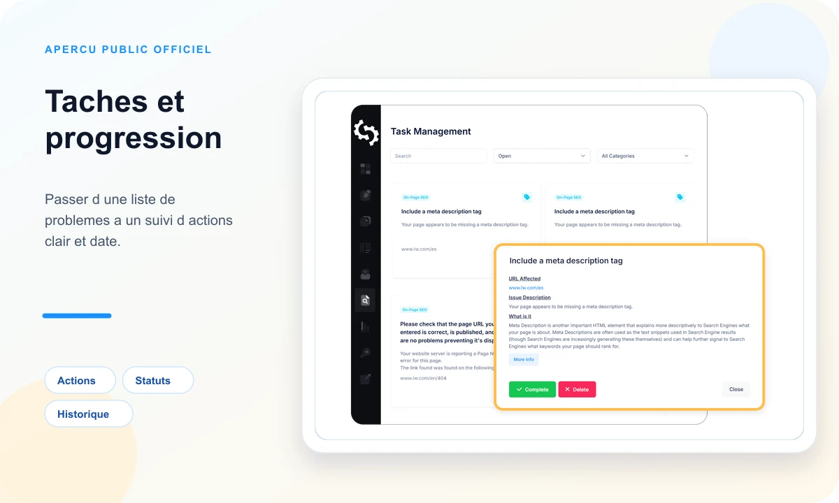 Aperçu public SEOptimer de gestion des tâches et progression