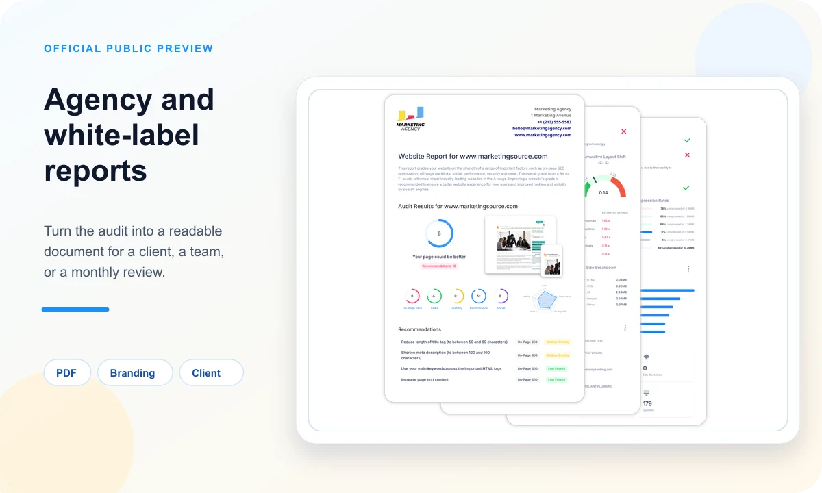 Public SEOptimer preview of PDF reports and agency branding