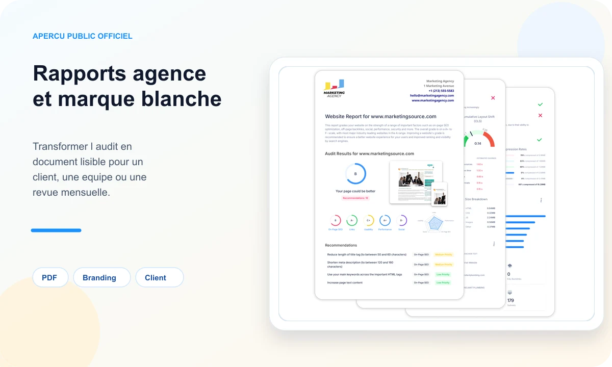 Aperçu public SEOptimer de rapports PDF et habillage agence