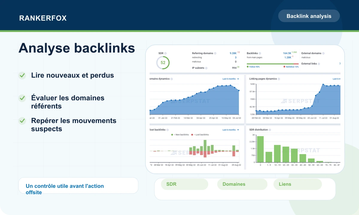 Aperçu Serpstat montrant des graphiques de backlinks et domaines référents
