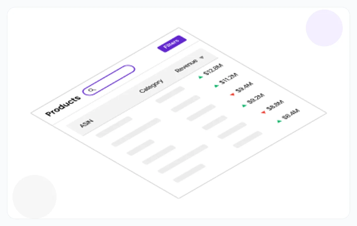 Public SmartScout preview showing a Products table with ASIN, category, and revenue