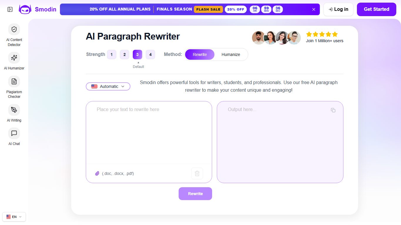 Interface publique Smodin AI Paragraph Rewriter avec zones de texte source et résultat