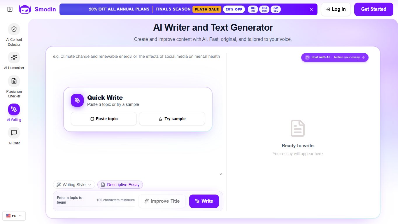 Interface publique Smodin AI Writer avec zone de sujet et sortie prête à écrire
