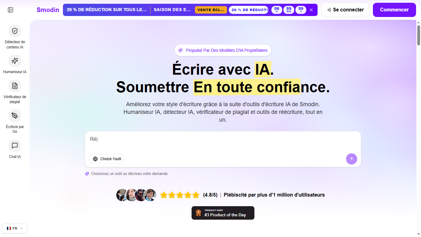 Capture publique du site Smodin montrant les outils d'écriture IA