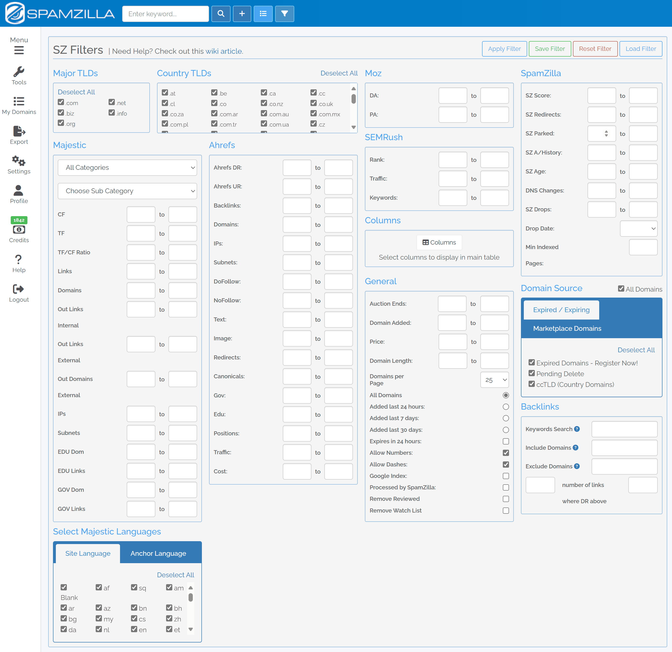 Public SpamZilla screenshot showing advanced Majestic, Ahrefs, Moz, Semrush, and SpamZilla filters