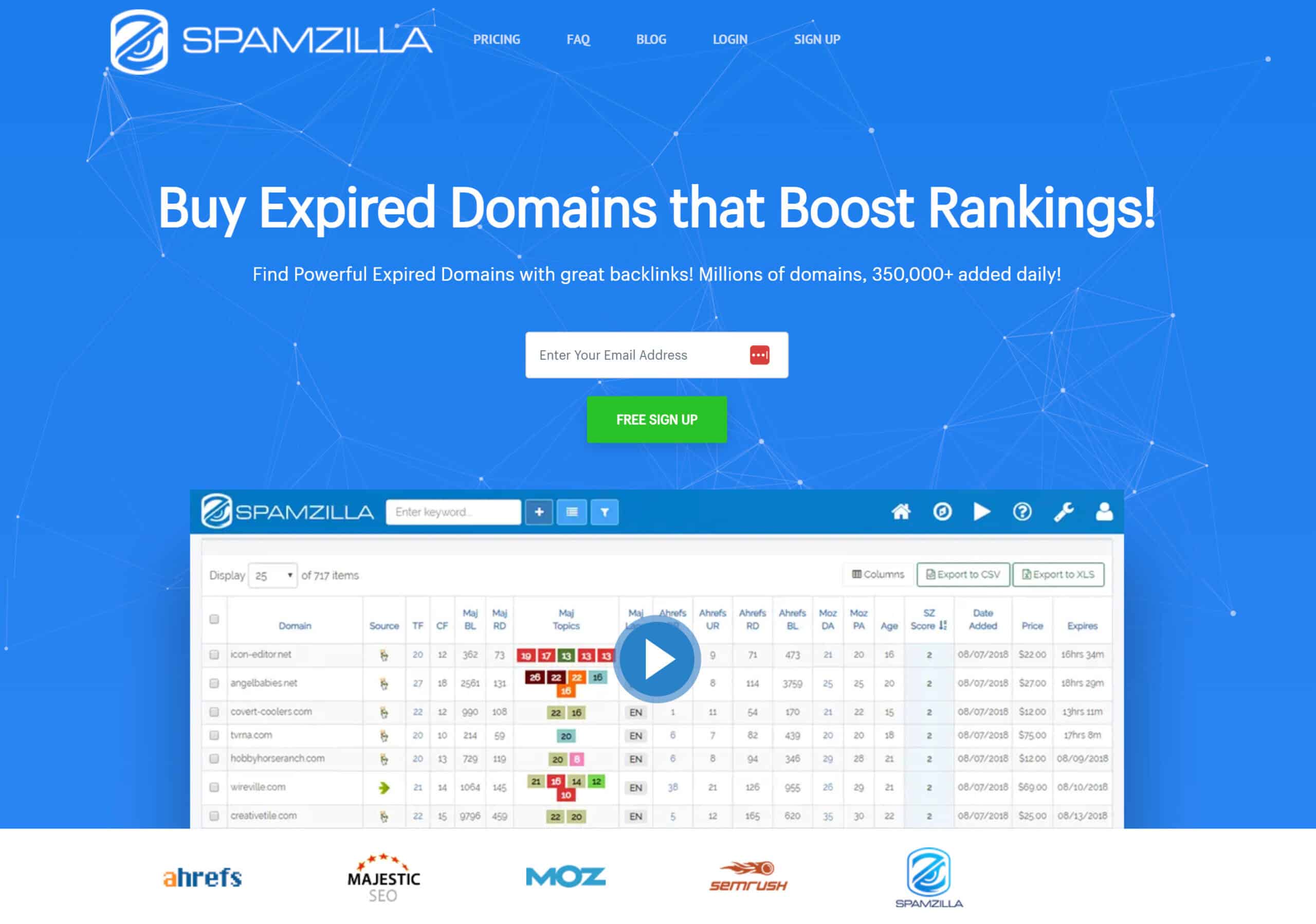 Public SpamZilla screenshot showing an expired domain list with SEO metrics and a search bar