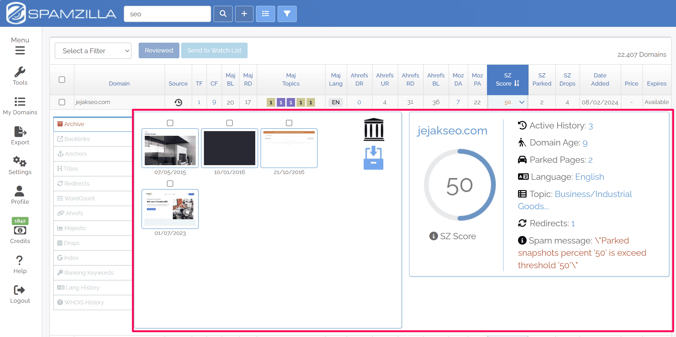 Public SpamZilla screenshot showing spam checking, archive previews, and the SZ score for a domain