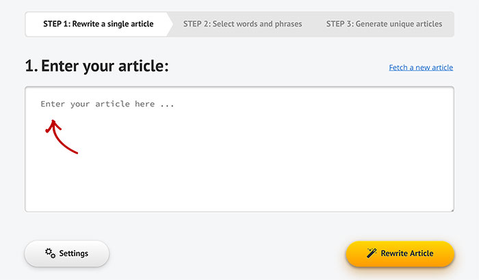 Capture publique Spin Rewriter montrant l'étape de saisie d'un article