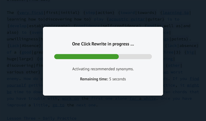 Capture publique Spin Rewriter montrant l'étape One-Click Rewrite