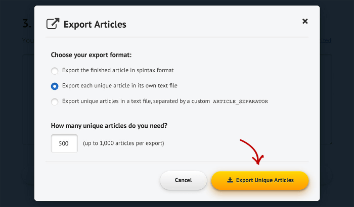 Capture publique Spin Rewriter montrant l'étape d'export de variantes
