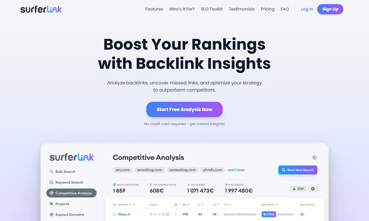 Page publique SurferLink montrant une analyse concurrentielle de backlinks