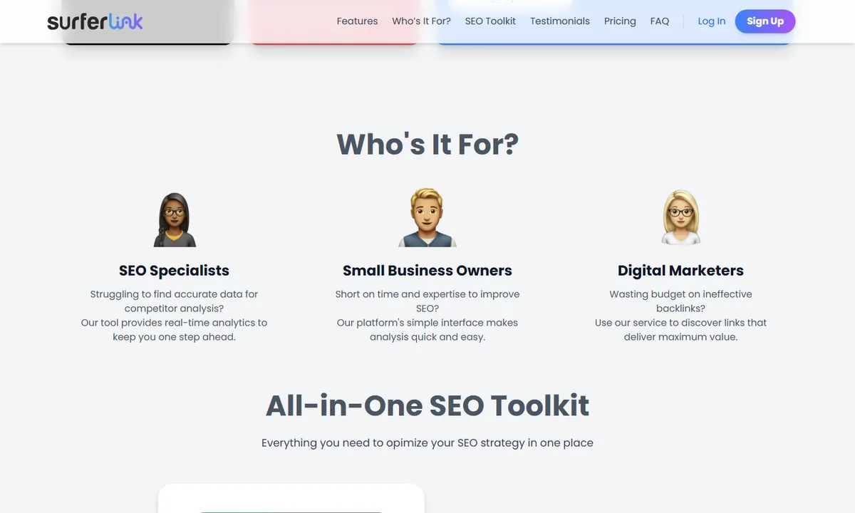 Page publique SurferLink présentant les profils SEO specialists, small business owners et digital marketers