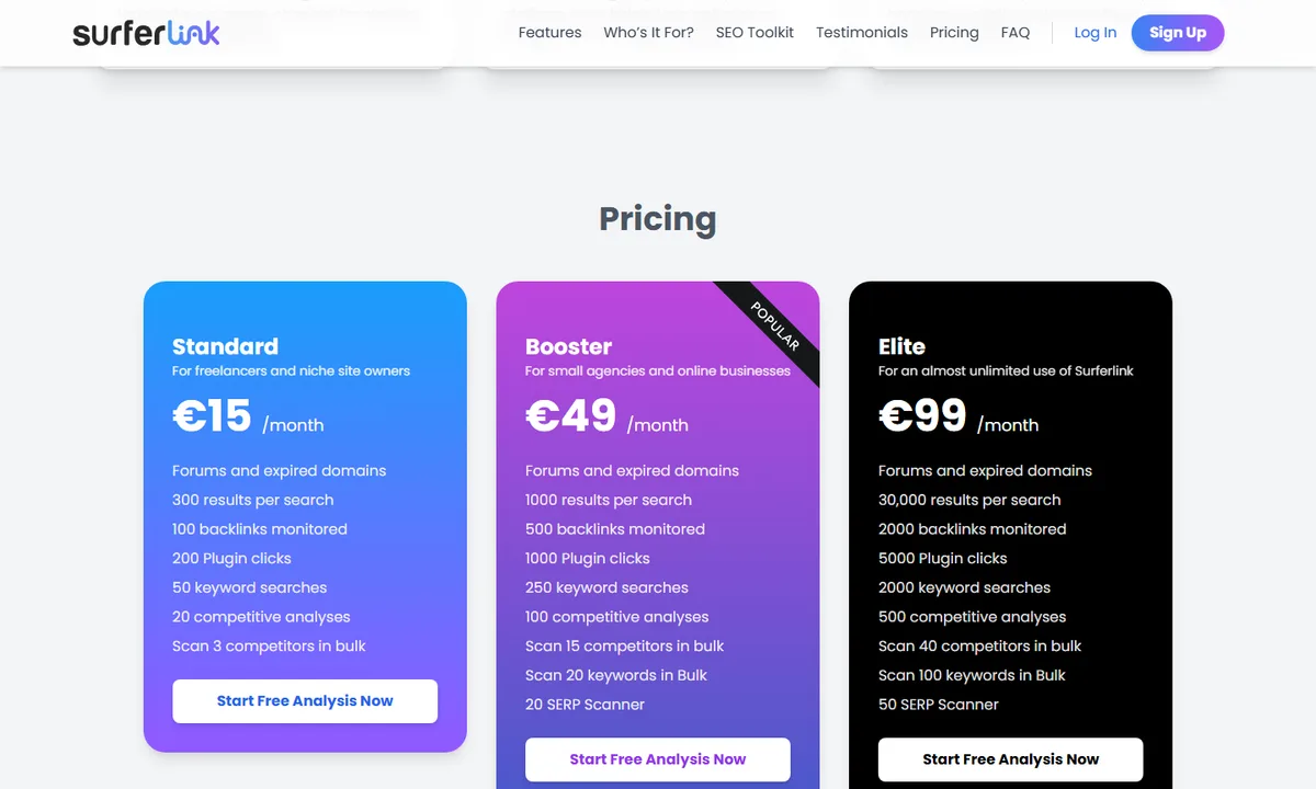 Page publique SurferLink montrant les plans Standard, Booster et Elite