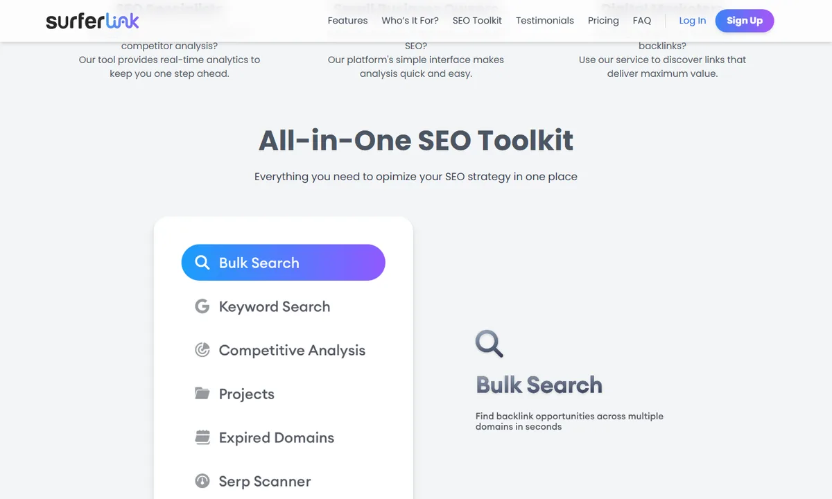 Page publique SurferLink avec Bulk Search, Keyword Search, Competitive Analysis, Projects, Expired Domains et SERP Scanner