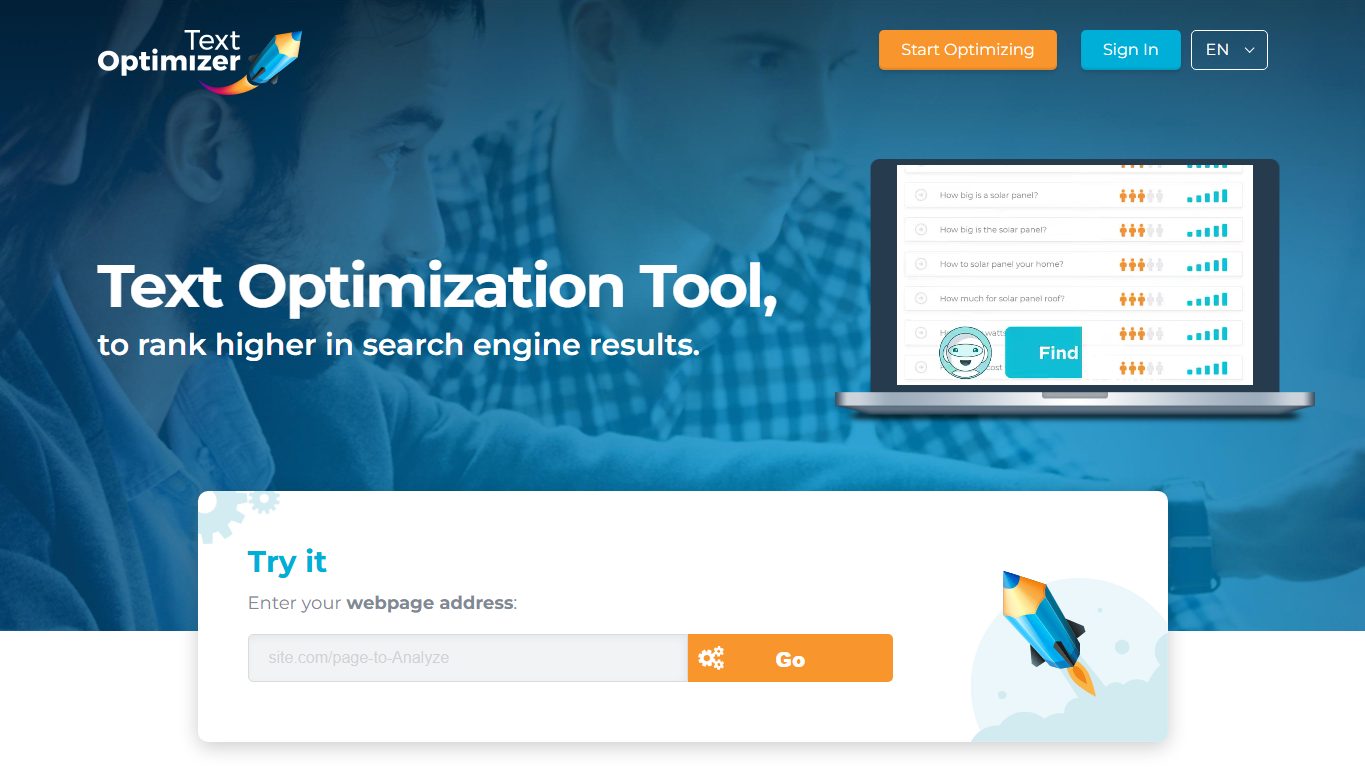 Page publique Text Optimizer montrant le champ d'analyse d'une URL