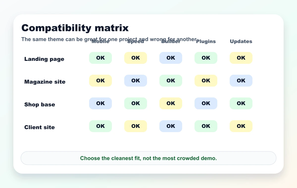 ThemeinWP compatibility matrix across site types, mobile, speed, builder, plugins, and updates