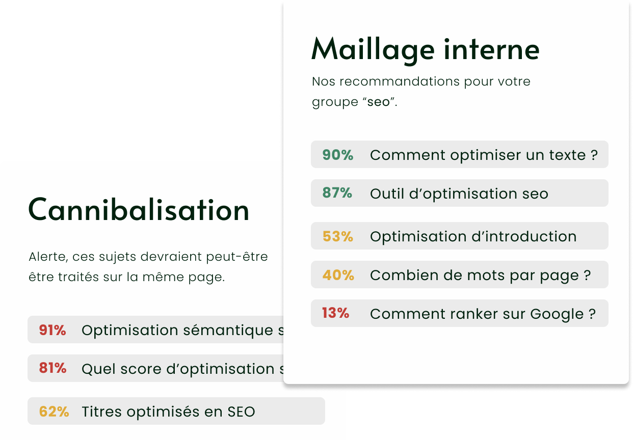 Visuel officiel Thot SEO montrant les recommandations de liens internes et les risques de cannibalisation