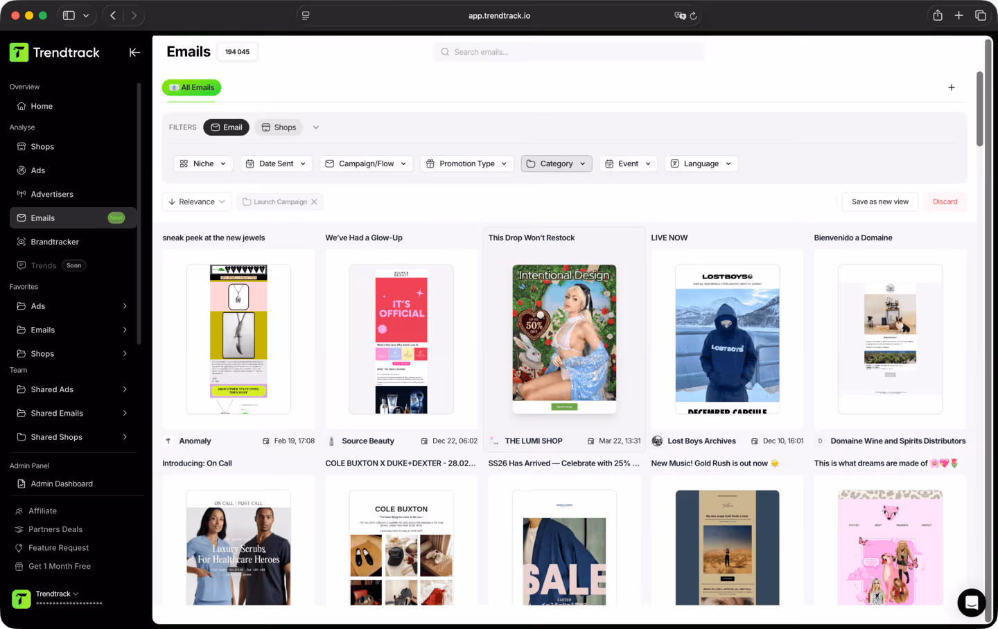 Public TrendTrack preview showing ecommerce email filters