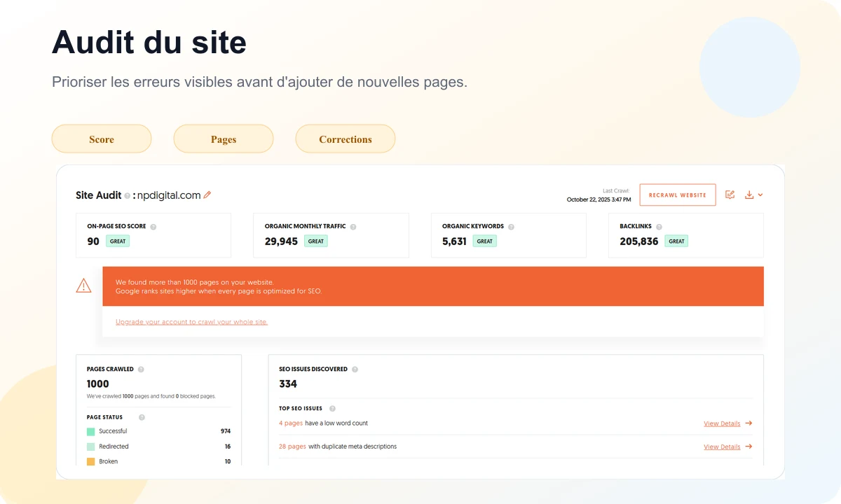 Aperçu Ubersuggest Site Audit avec score SEO, trafic, pages explorées et problèmes détectés