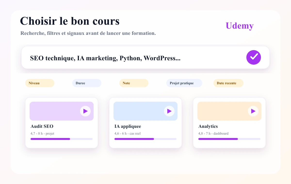 Composition showing Udemy course search by level, duration, rating, and practical project