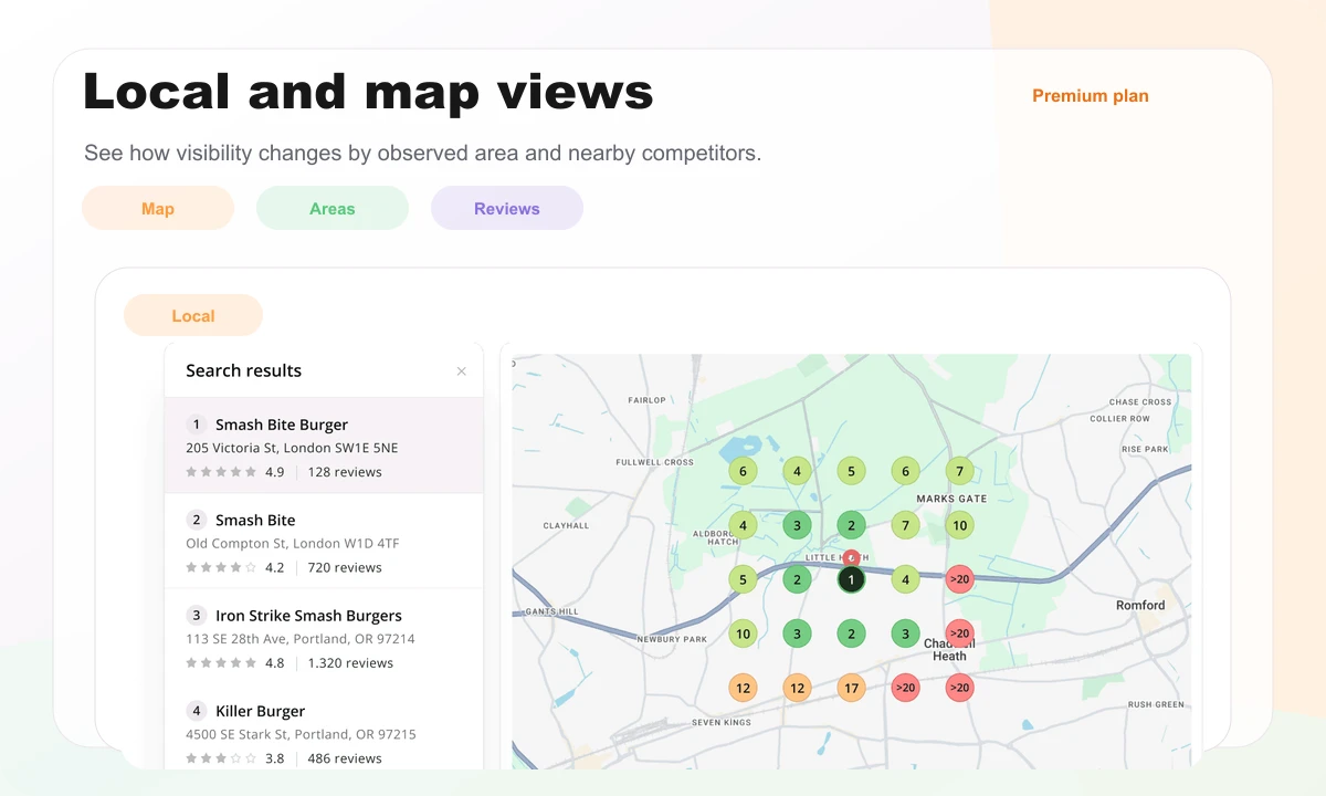 Wincher preview showing a local visibility map with results and colored areas