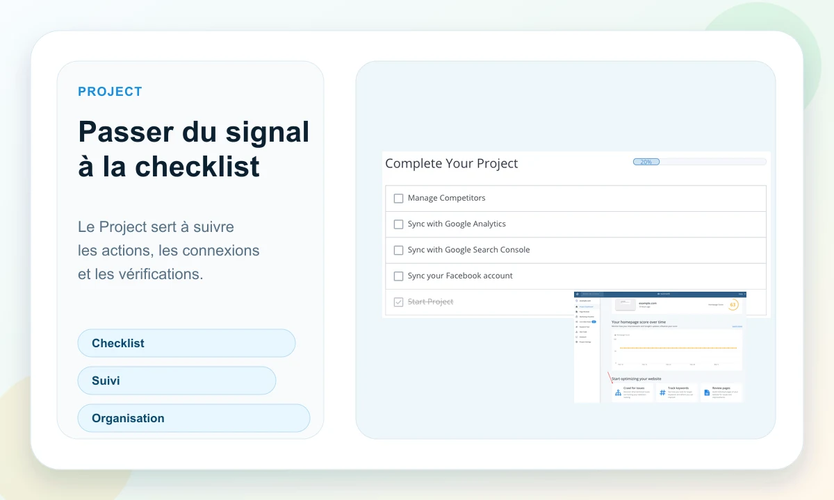 Aperçu public WooRank de checklist Project et tableau de suivi