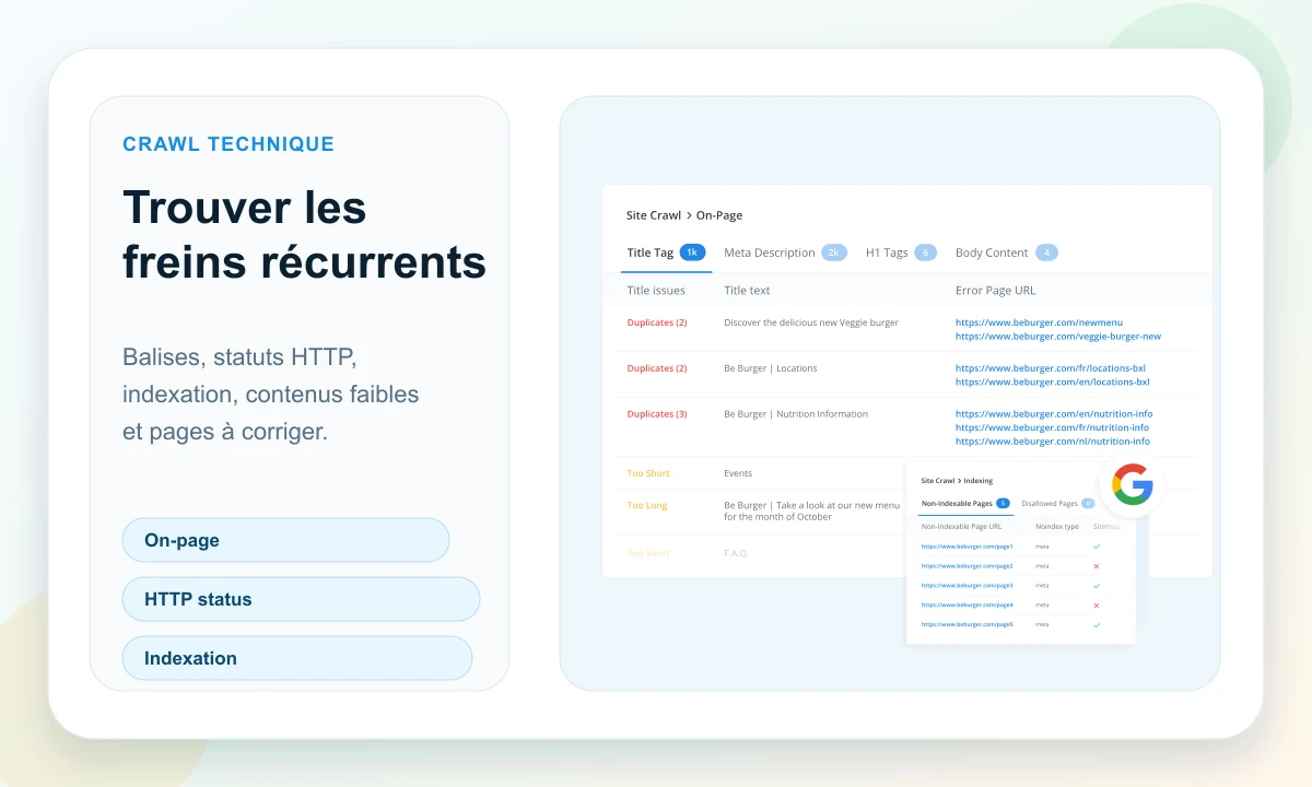 Aperçu public WooRank de crawl technique avec erreurs on-page