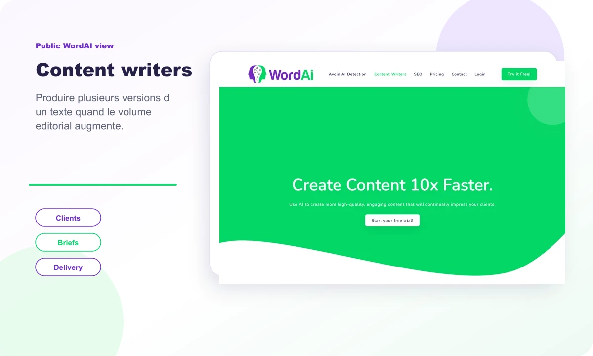 Aperçu public de la page WordAI pour content writers