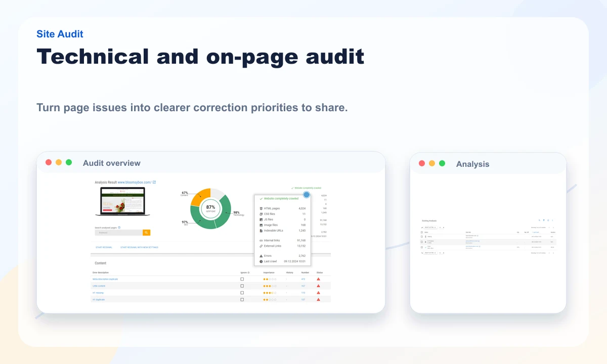 Public XOVI preview of site audit and on-page analysis