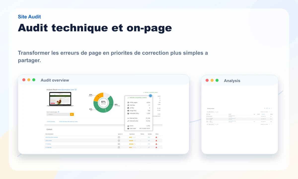 Aperçu public XOVI de l'audit de site et des analyses on-page