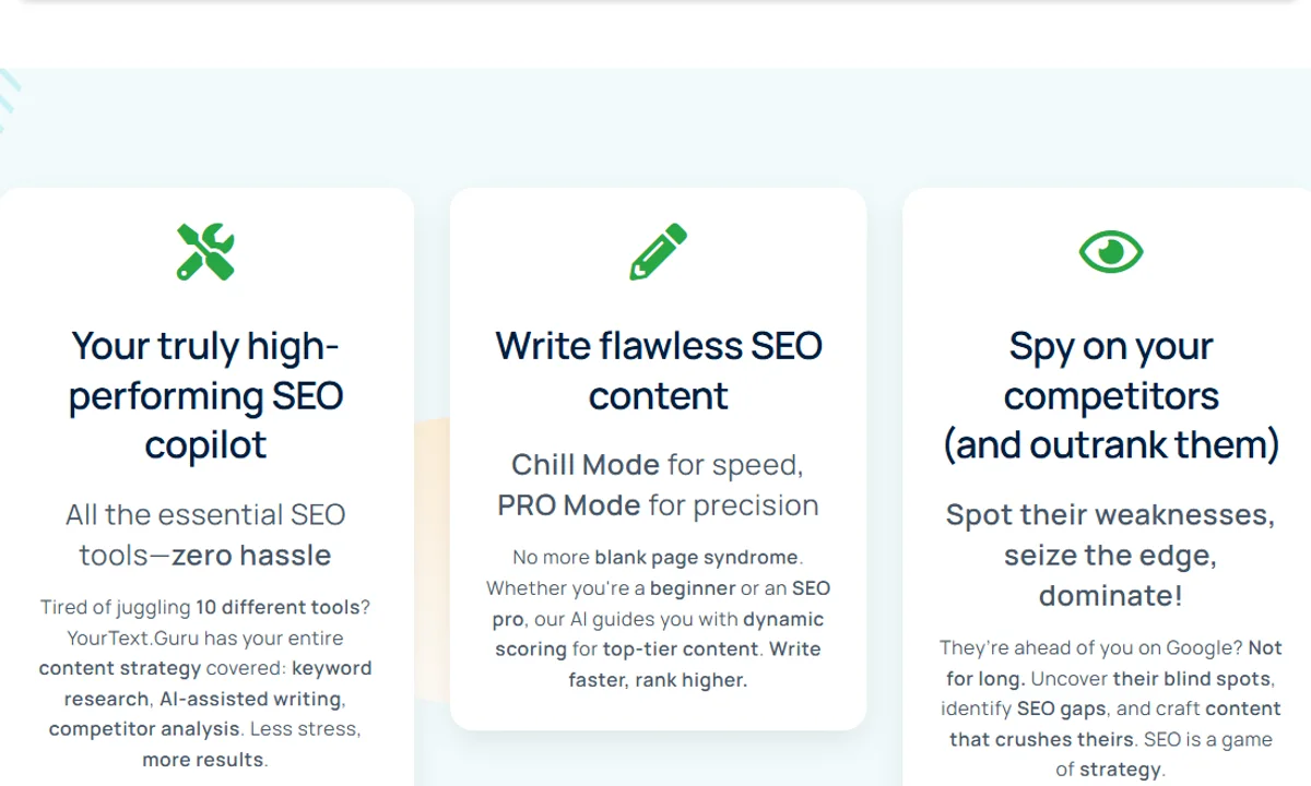 Public YourTextGuru page presenting key features
